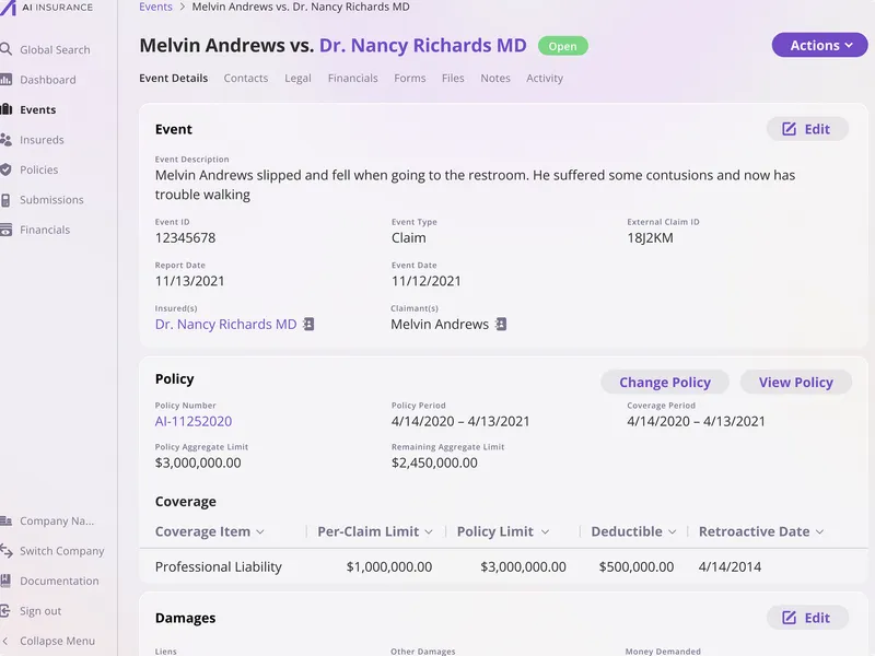 AI Insurance claims management interface showing event details