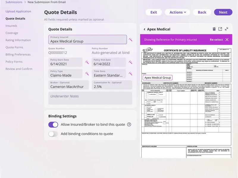 AI Insurance submission parsing interface showing quote details