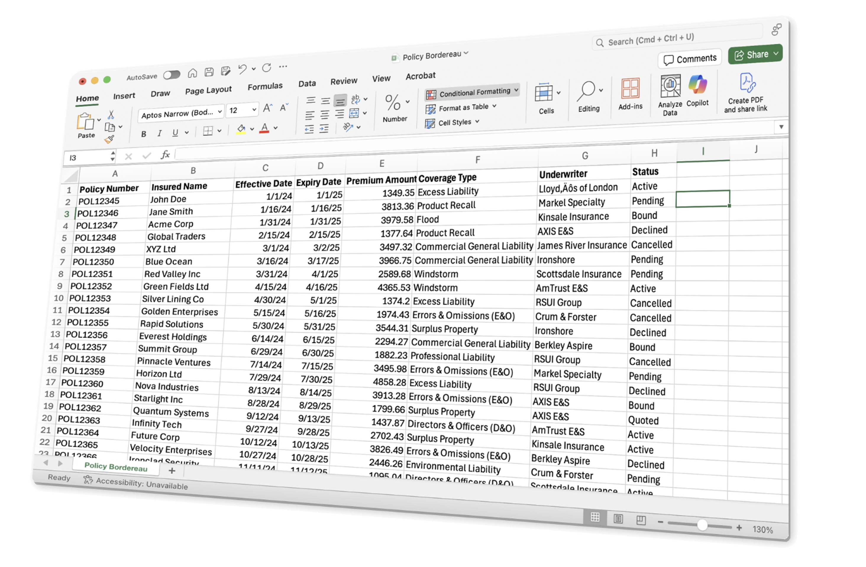 Bordereaux parsing interface showing policy data