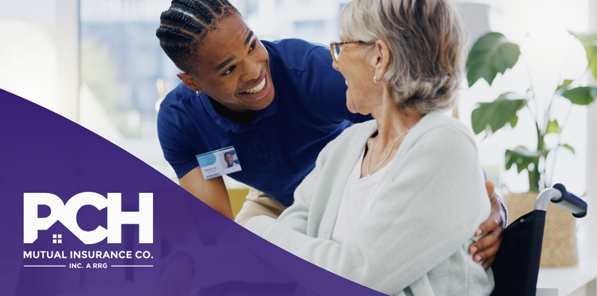 Healthcare professional caring for elderly patient with PCH Mutual Insurance Co. branding